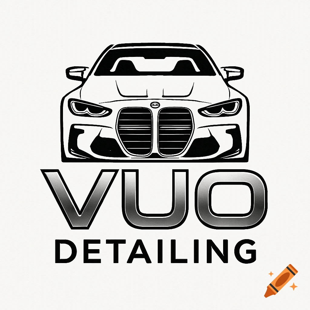 Black and white line art logo featuring the front view of a car above the text 'VUO DETAILING'.