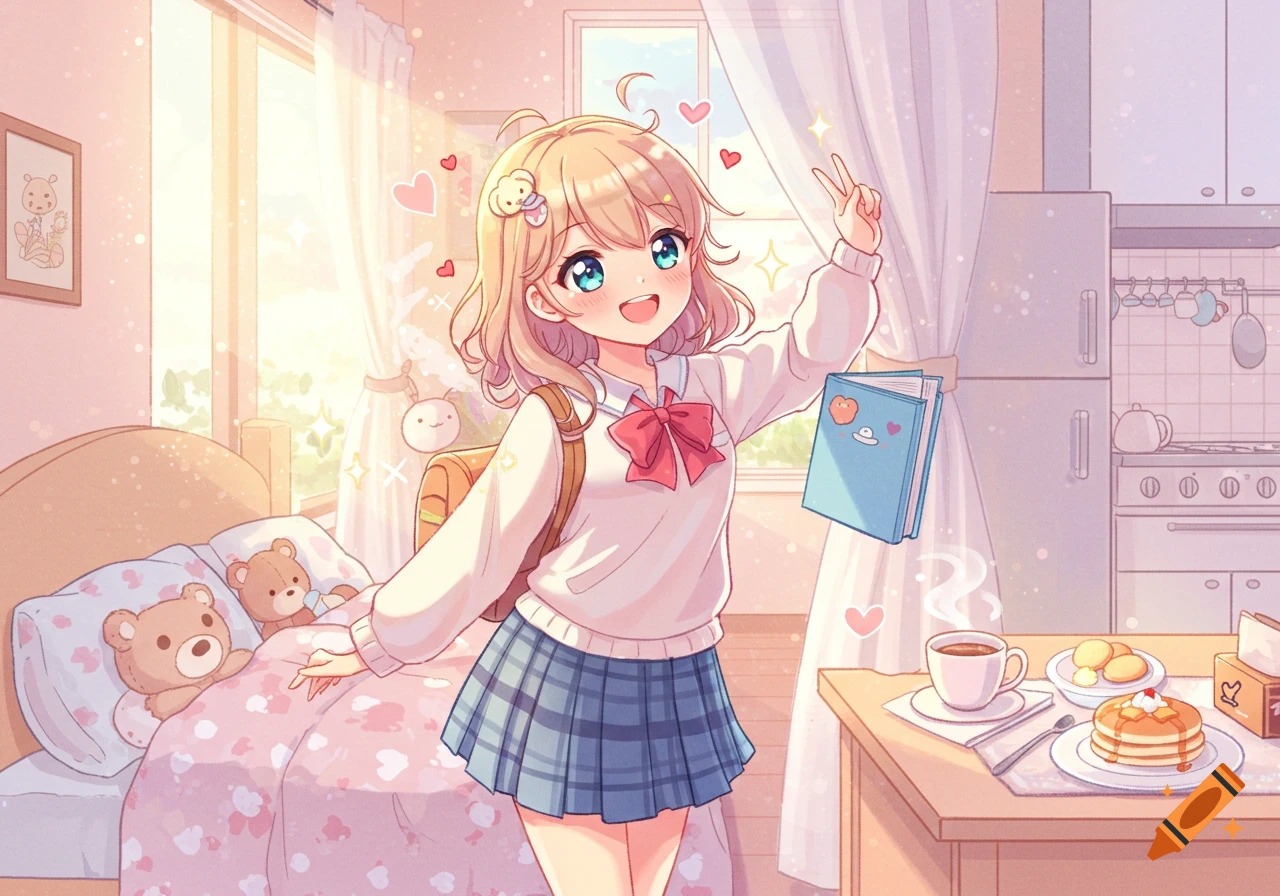 A smiling anime schoolgirl in a uniform with a backpack, holding a book and making a peace sign in a sunny room with breakfast on a table.