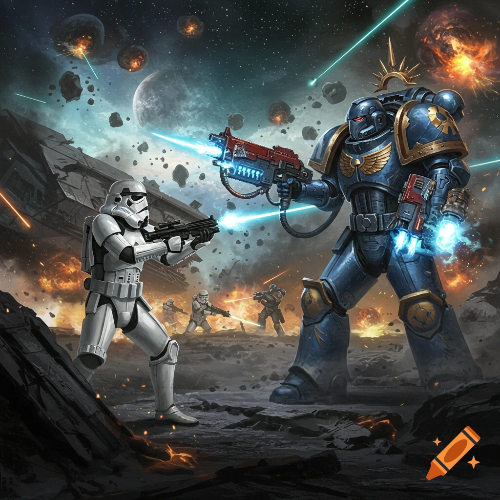 A Stormtrooper and a Space Marine battle on a rocky alien planet under a cosmic sky with explosions.