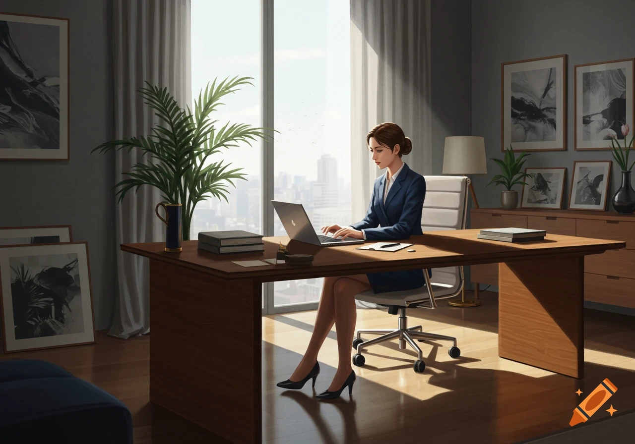 A professional woman in a suit works on a laptop at a large wooden desk in a modern office with a city view outside large windows.