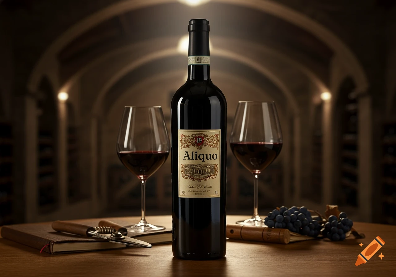 A bottle of Aliquo red wine and two glasses with wine, grapes, and a corkscrew on a wooden table in a dimly lit wine cellar.