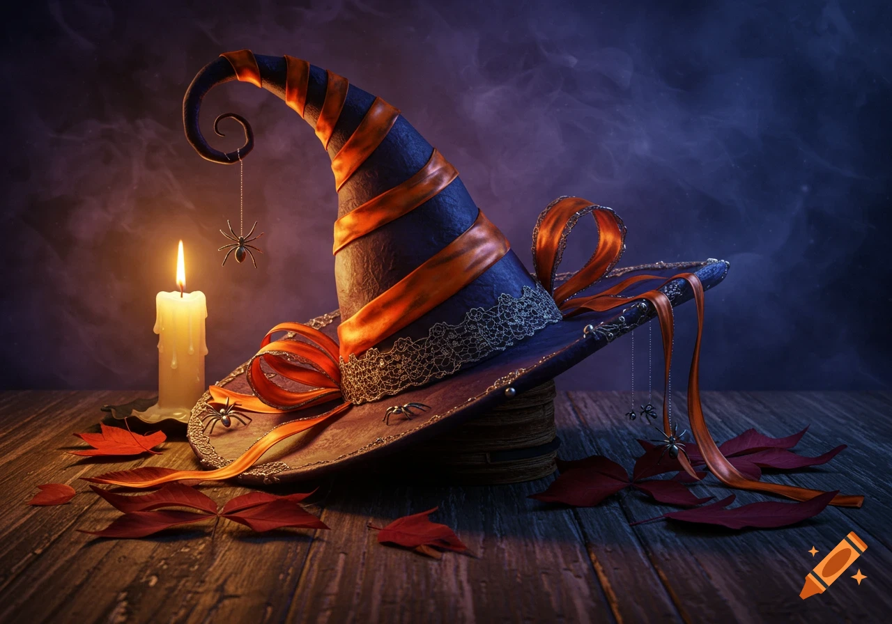 A detailed witch's hat with orange ribbons and dangling spiders sits on a wooden table with a lit candle and red leaves.