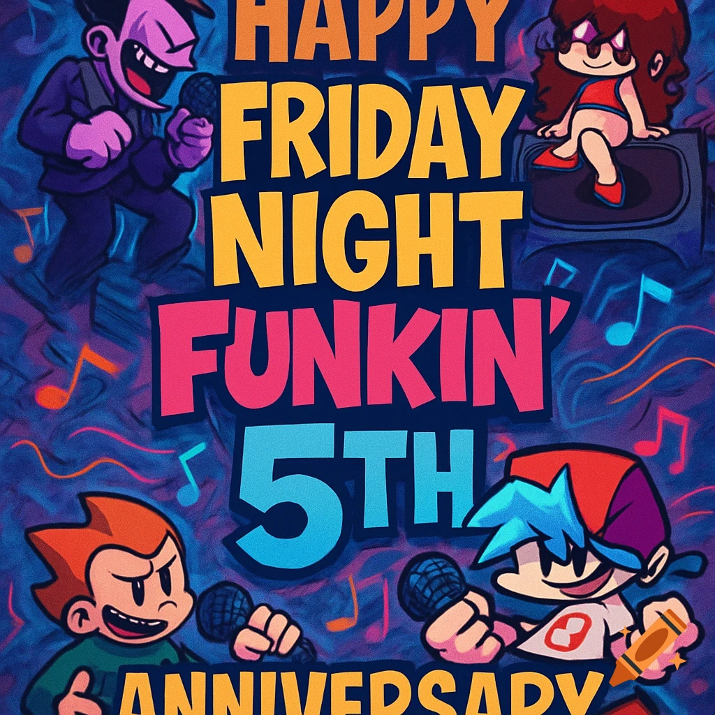 Cartoon poster for Friday Night Funkin' 5th Anniversary, featuring Dad, Girlfriend, Pico, and Boyfriend with microphones.