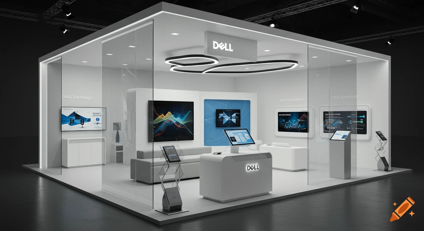 A modern, open technology brand booth for Dell, featuring multiple screens displaying data, interactive kiosks, and sleek white furniture.