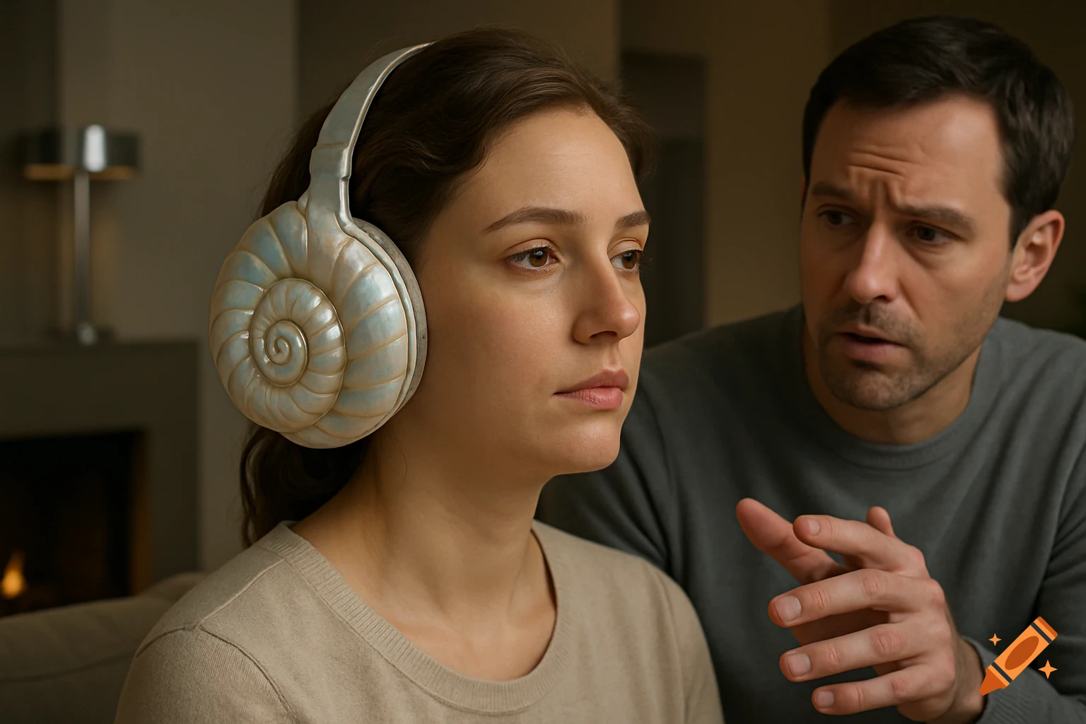 Photorealistic image of a woman wearing large seashell headphones, looking distracted, while a man talks to her.