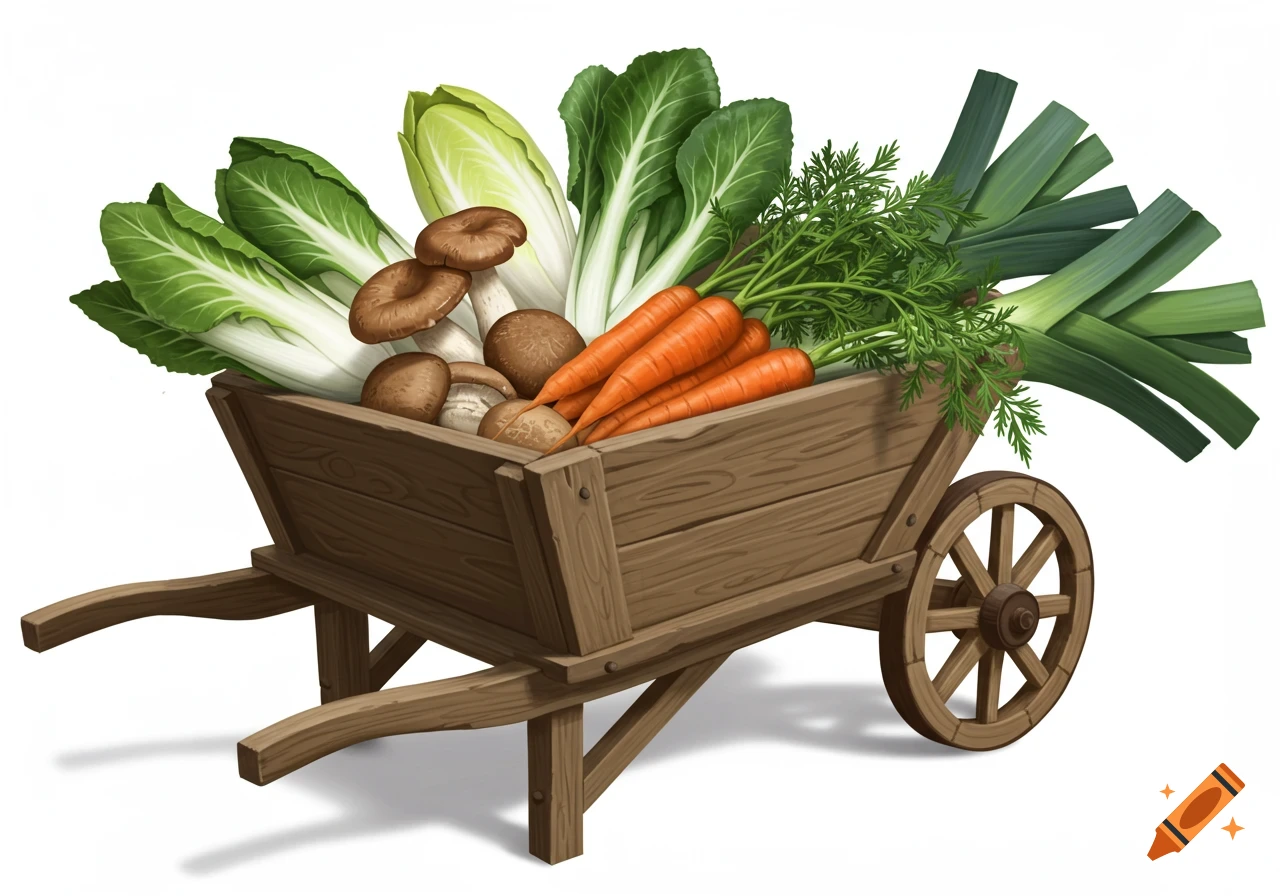 A wooden wheelbarrow filled with various fresh vegetables including mushrooms, carrots, endive, and leeks, on a white background, illustration.