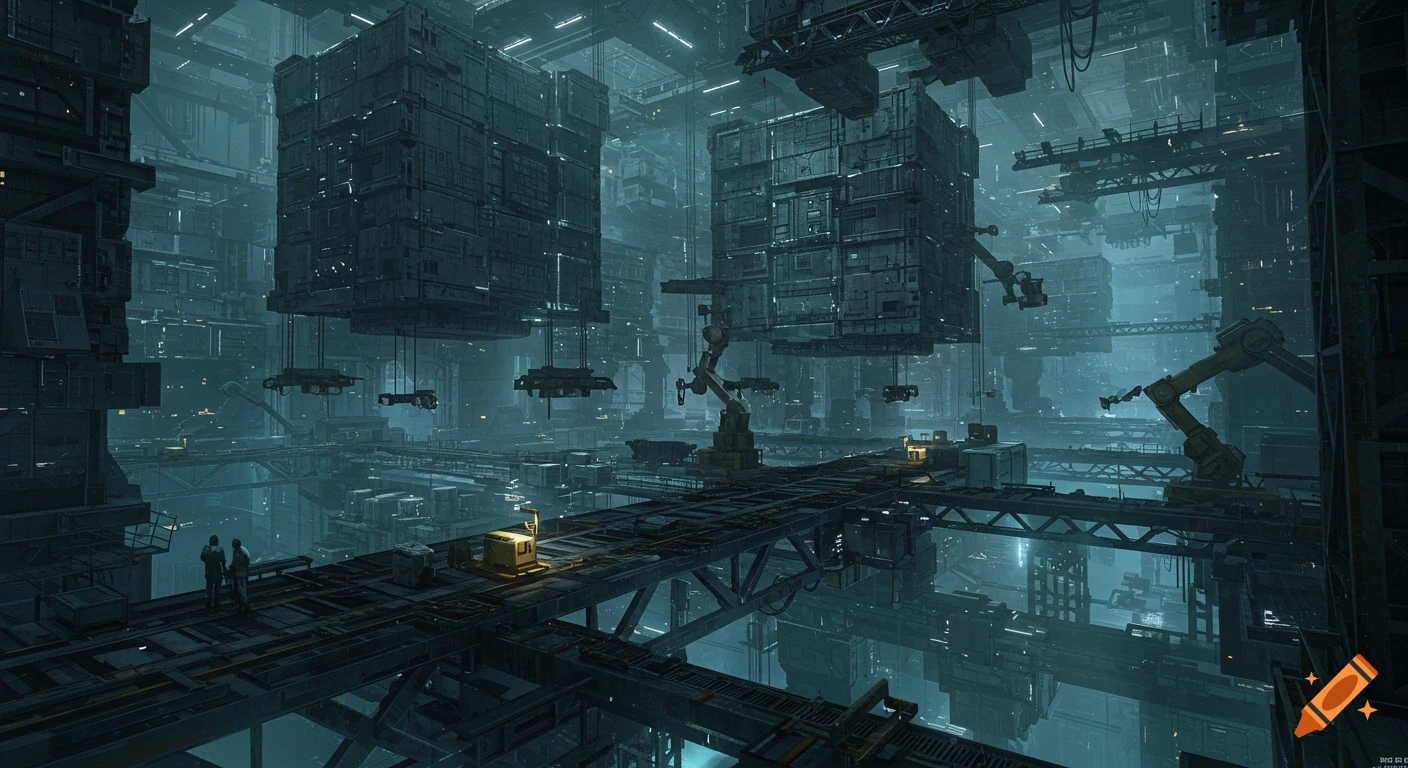 Vast, dimly lit futuristic industrial bay with large cube structures, mechanical arms, and walkways in cool blue light.