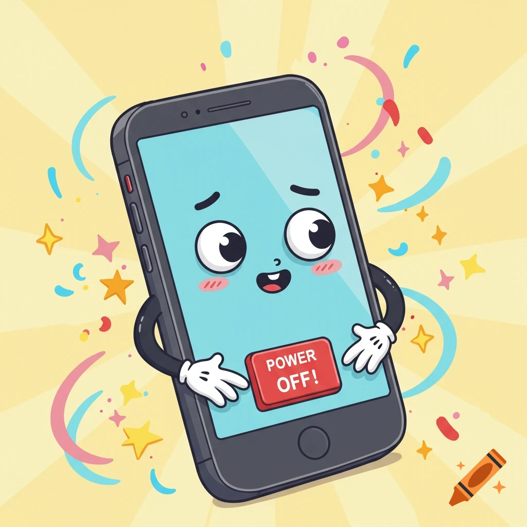 Cartoon smartphone with a happy face and hands pressing a 'POWER OFF!' button, with stars and confetti on a yellow background.