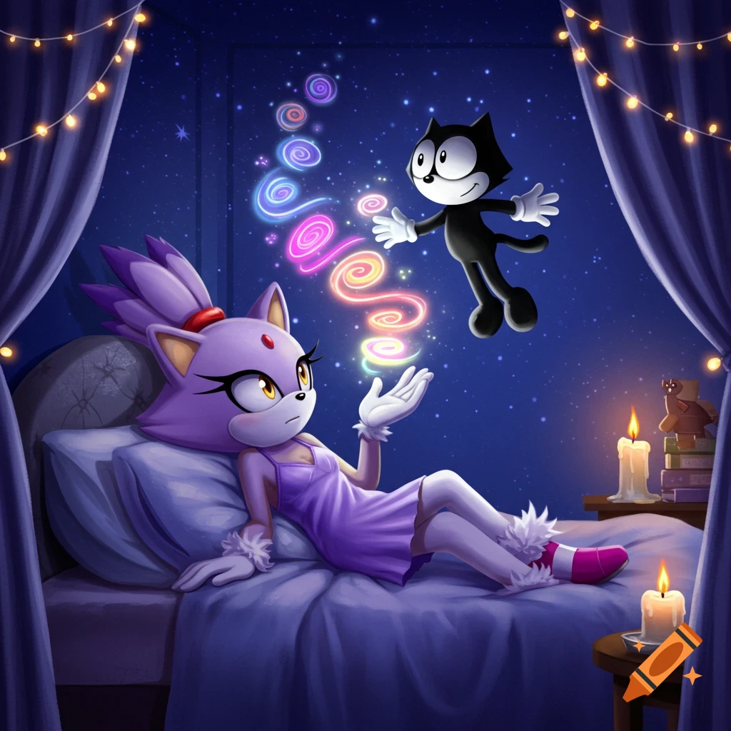 Blaze the Cat in a nightgown on a bed, looking at Felix the Cat floating and creating colorful magic spirals in a nighttime bedroom scene.