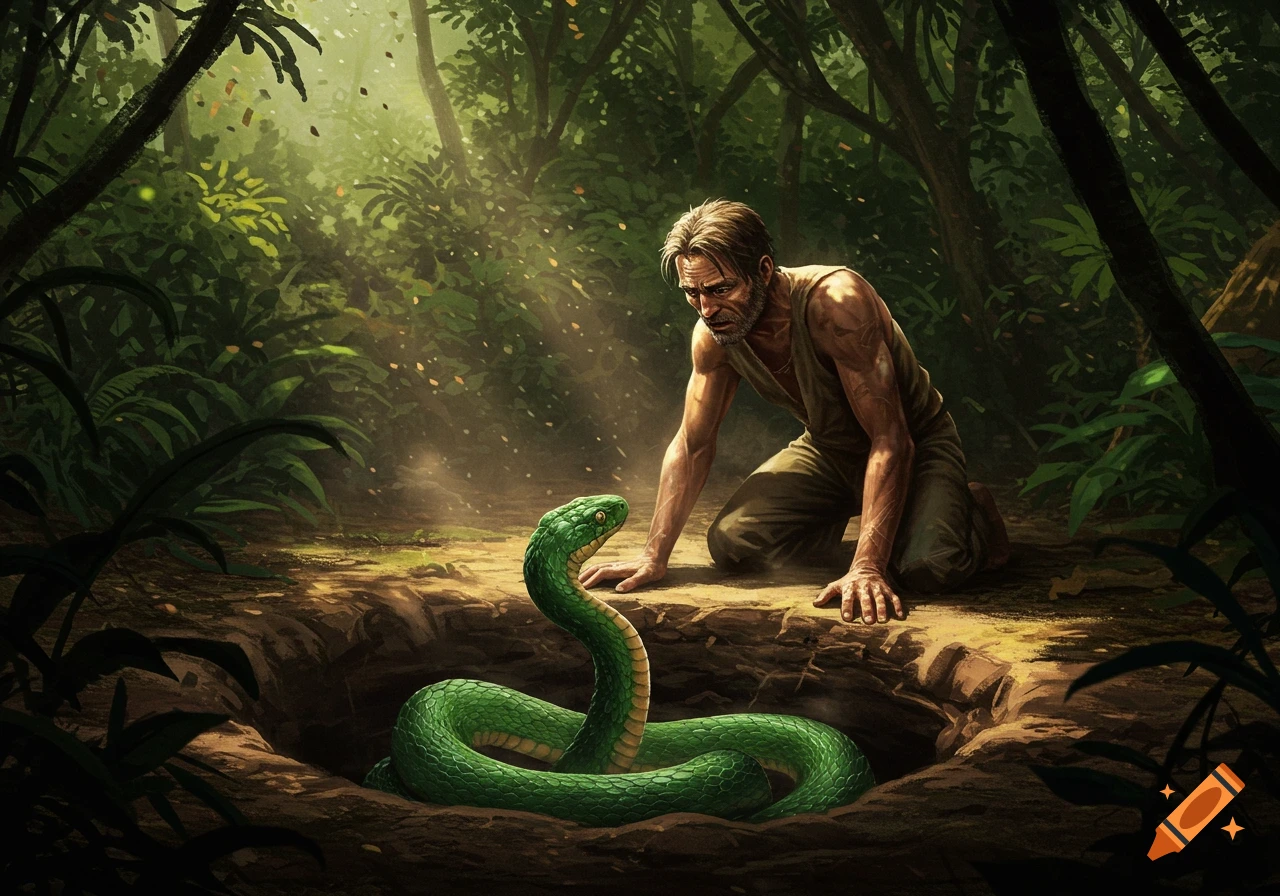 A man kneels in a lush, sun-dappled jungle, looking intently at a large green snake emerging from a hole in the ground.
