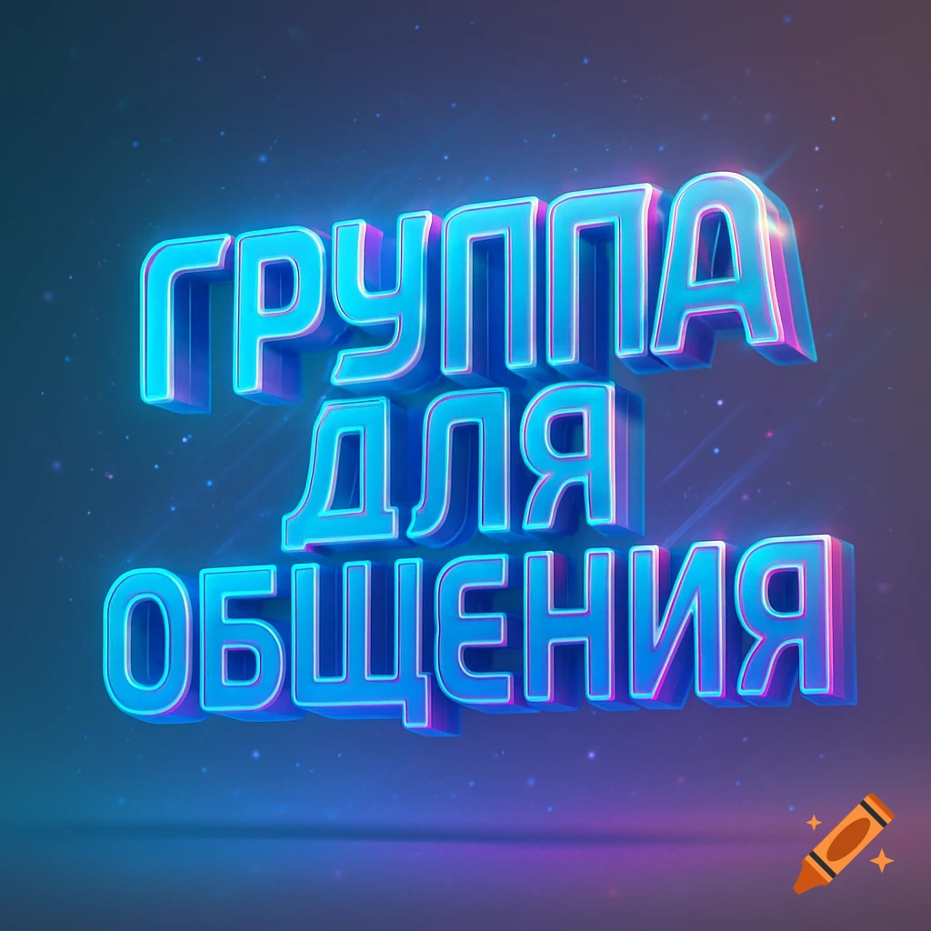 3D blue and pink neon text "" (Group for communication) on a dark, sparkling background.