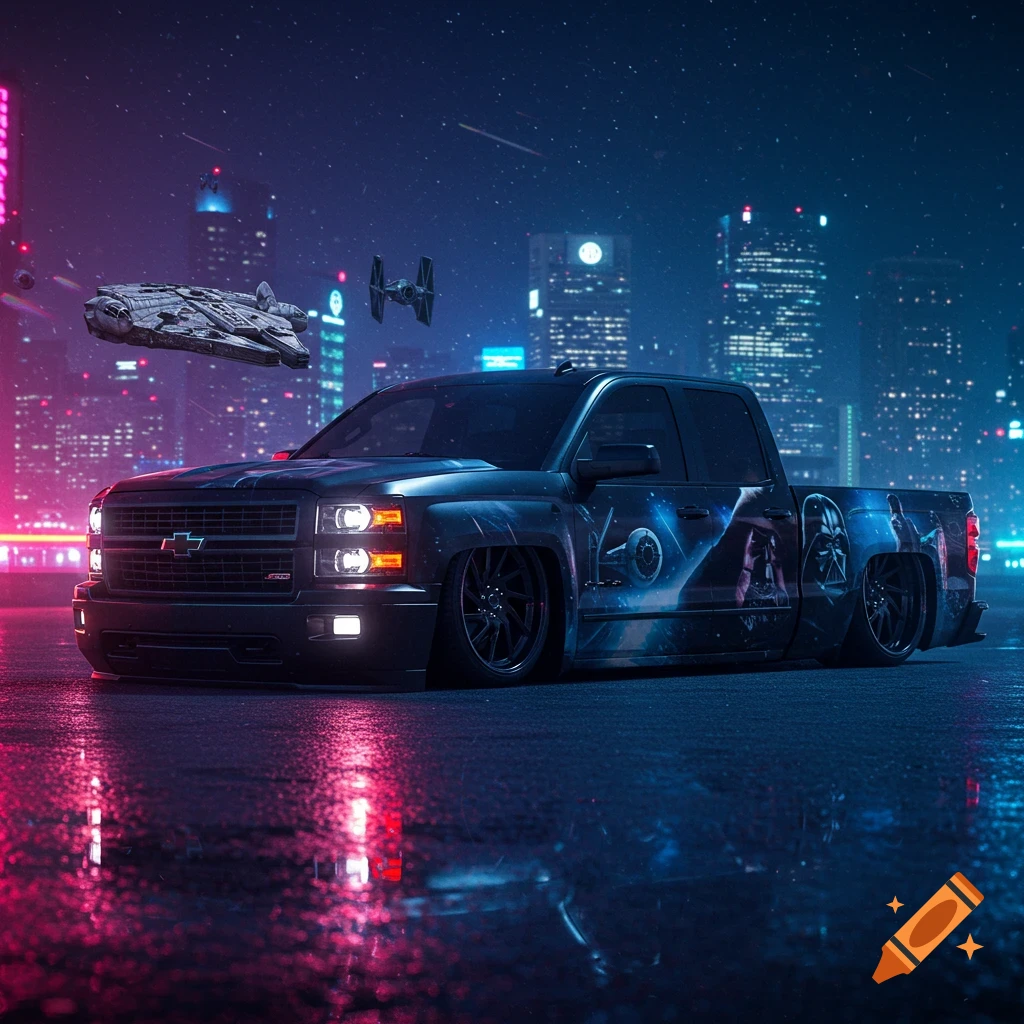 A squatted black Chevy truck with a Star Wars wrap featuring Darth Vader and TIE fighters, parked on a wet street at night in a neon-lit cyberpunk city, with the Millennium Falcon and a TIE fighter flying overhead.