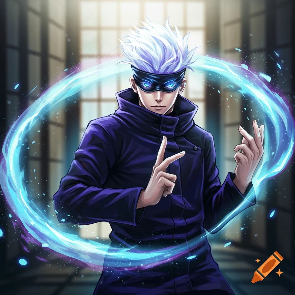 Anime illustration of Gojo Satoru with white hair, wearing a dark coat and blindfold, hands gesturing with glowing blue energy around him.