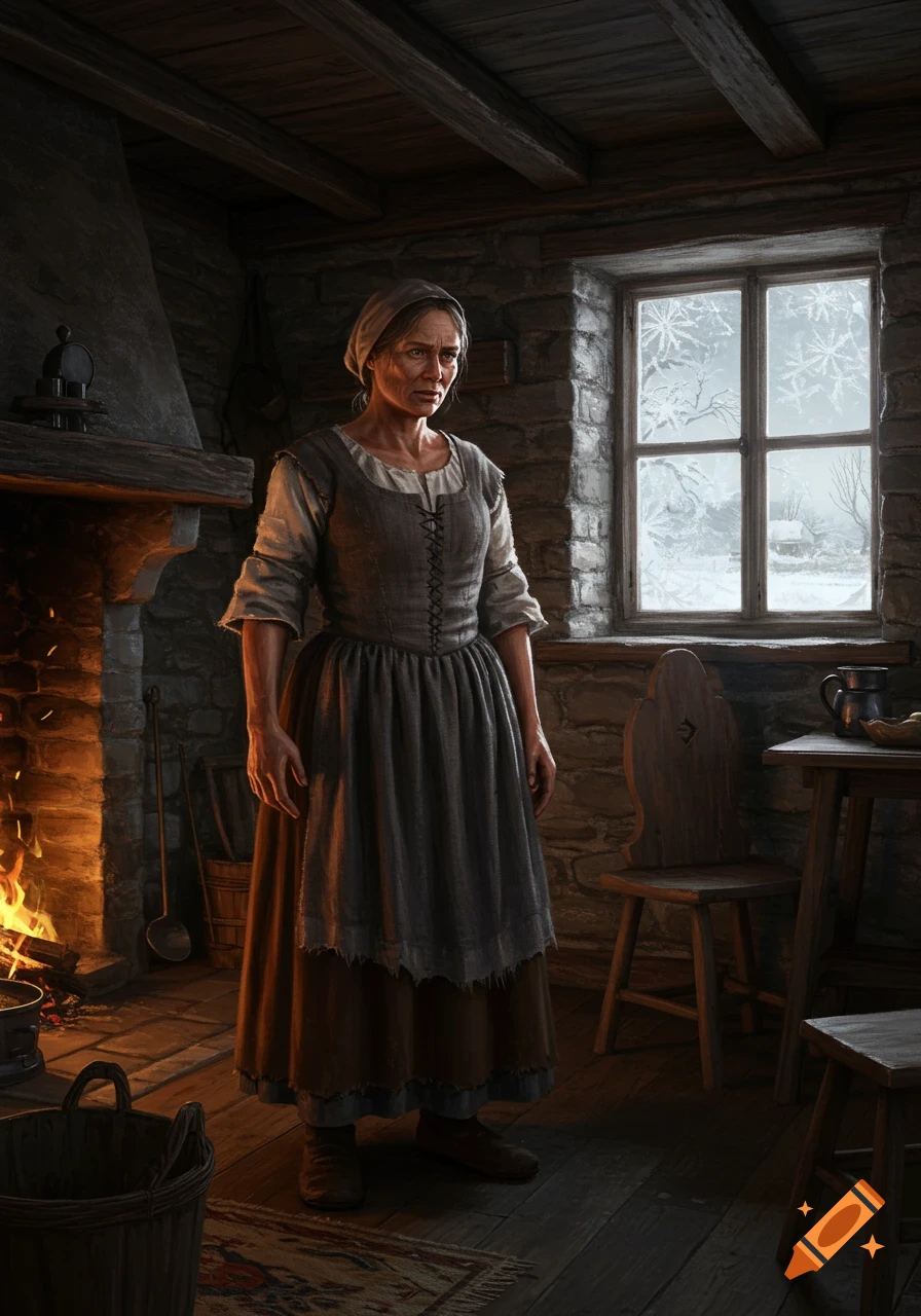 A serious-faced older woman in rustic clothing stands in a dimly lit 17th-century cottage with a blazing fireplace and frosted window.