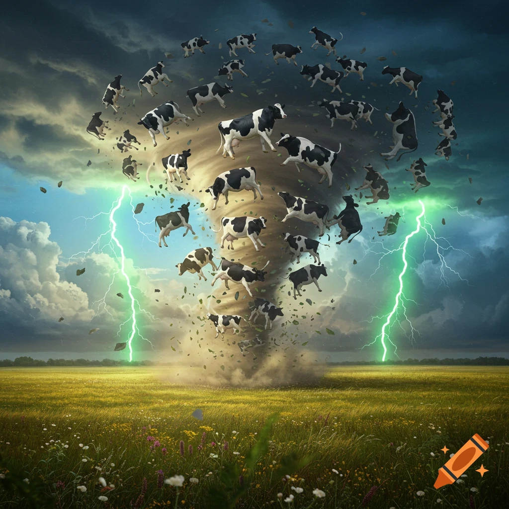 A surreal image of a tornado made out of black and white cows swirling in a field under a stormy sky with lightning.