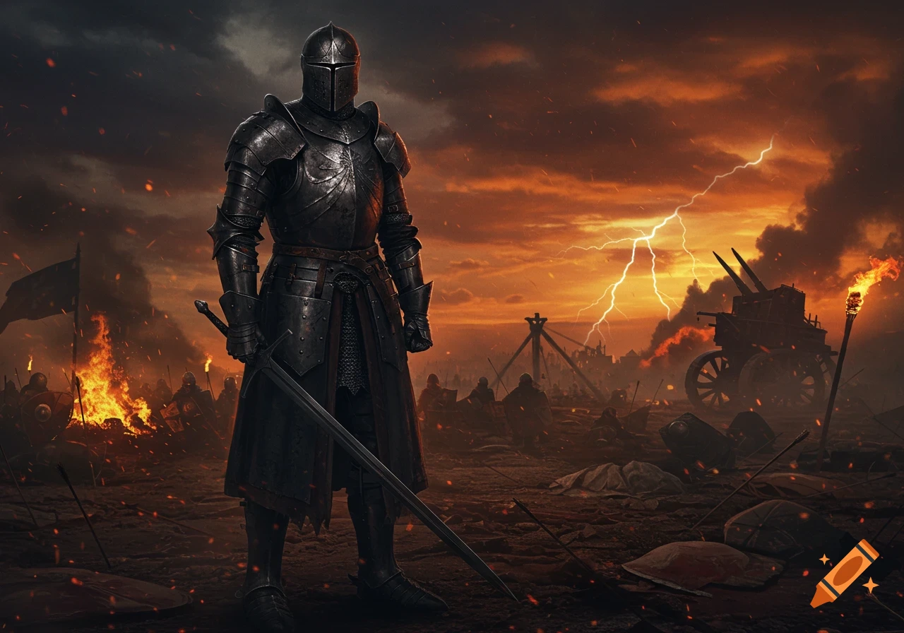 A heavily armored knight stands on a fiery battlefield under a stormy, lightning-filled orange sky, surrounded by chaos.