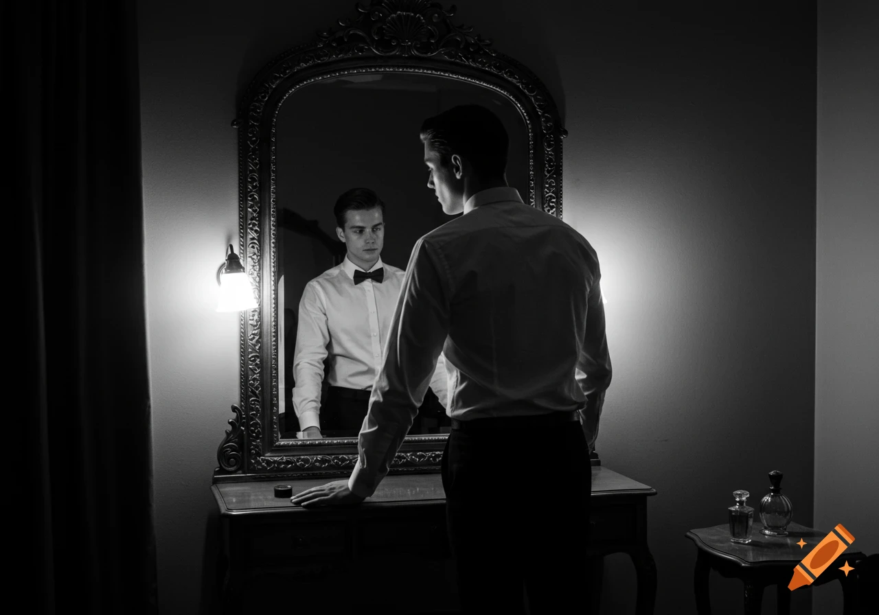 Black and white portrait of a man in a white shirt and bow tie looking at his reflection in an ornate mirror.