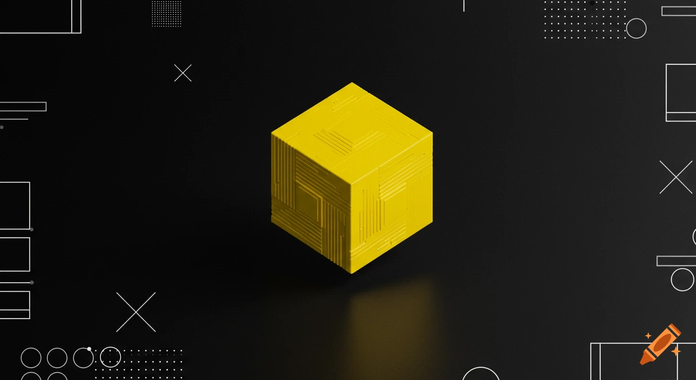 A vibrant yellow 3D cube with textured sides on a black background with white geometric shapes.