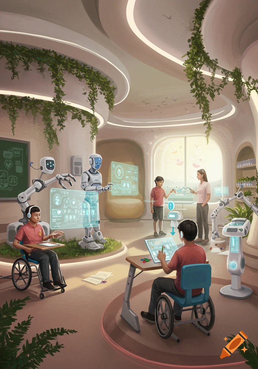 A futuristic special education classroom with children in wheelchairs interacting with holographic displays and robots. The room is bright with plants.