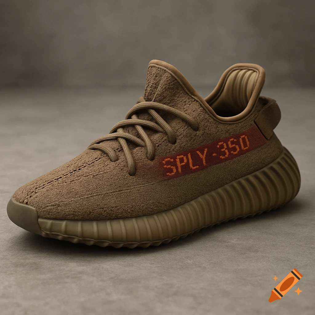 A single brown Yeezy Boost 350 V2 sneaker with an orange 'SPLY-350' stripe, viewed at an angle on a gray surface.