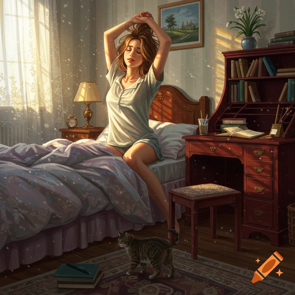 A woman stretches in bed in a sunlit bedroom as a cat walks on the rug. Digital painting.
