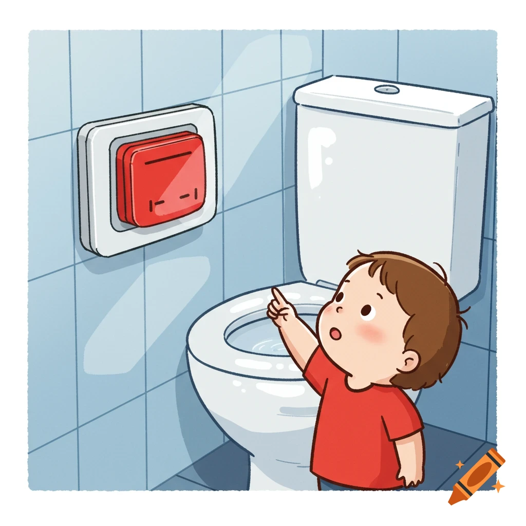 A cartoon child points at a red flush button next to a toilet in a tiled bathroom.