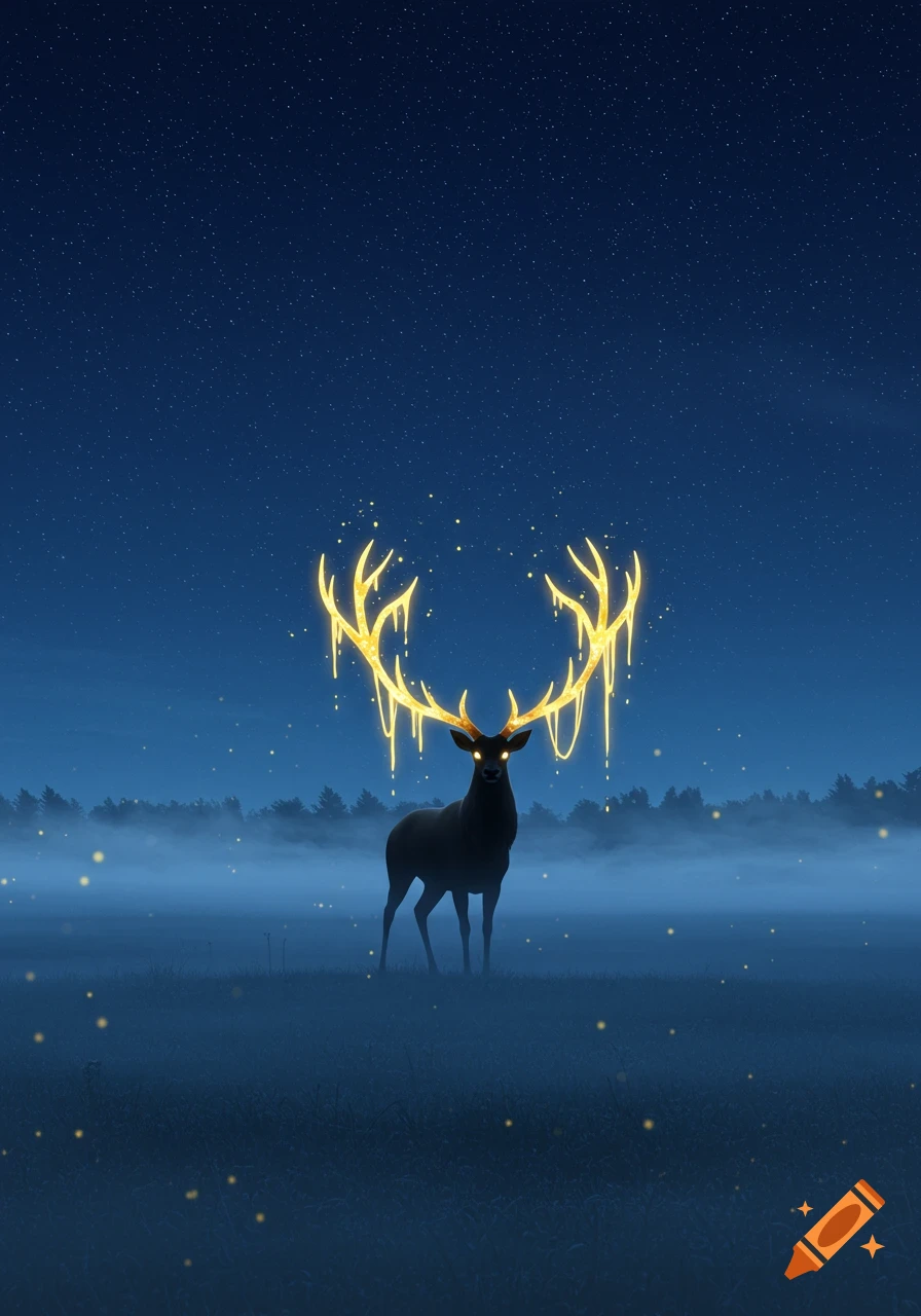 A dark, stylized deer with glowing golden antlers stands in a misty field under a starry night sky.