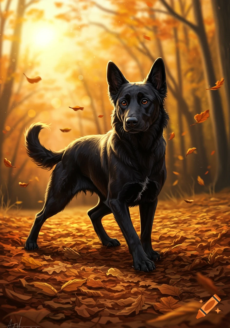 A majestic black dog stands in an autumn forest, bathed in golden sunlight, surrounded by fallen leaves.