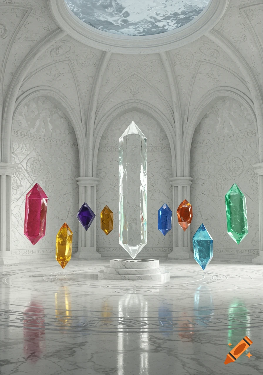 A grand, white marble chamber with a tall clear crystal and seven colorful floating crystals reflecting on the polished floor.