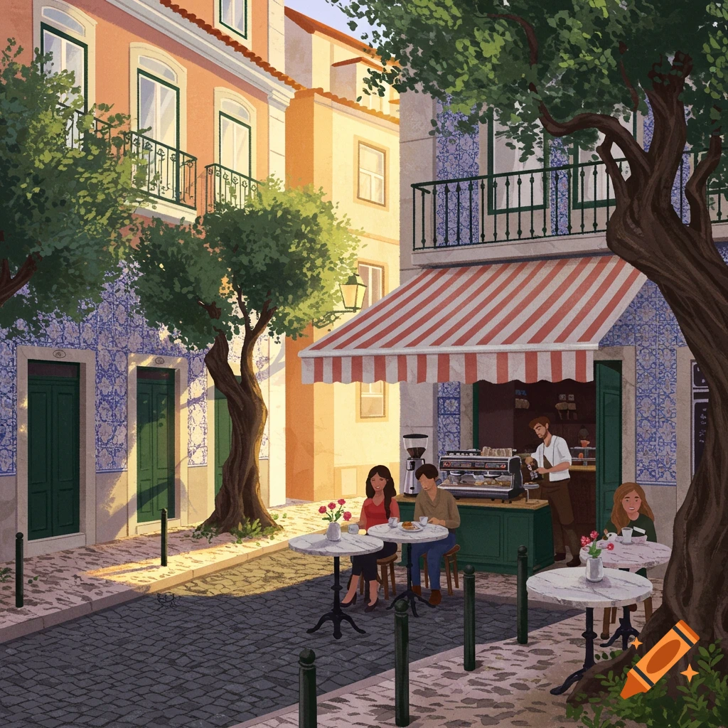 Illustrated sunny street cafe in Lisbon, with customers seated at outdoor tables and a barista inside a tiled building.