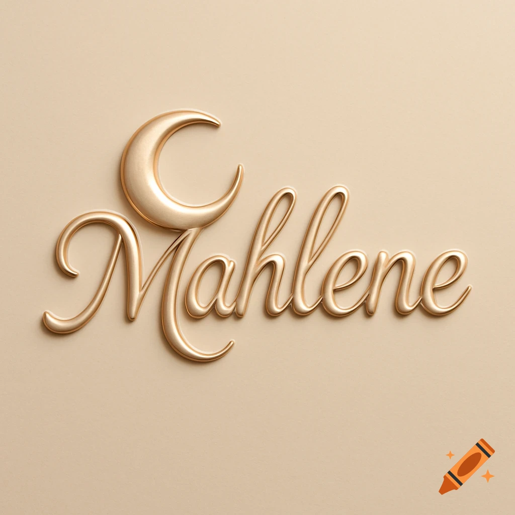 Elegant gold 3D embossed logo of 'Mahlene' with a crescent moon on a warm beige background.