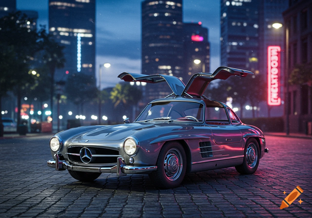 A gray Mercedes 300 SL with gullwing doors open, parked on a cobblestone street at night with city buildings and neon lights in the background.