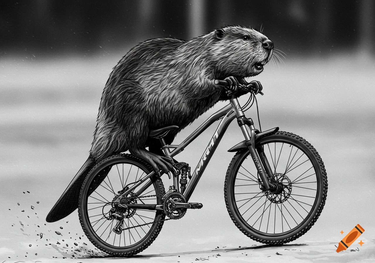 A black and white illustration of a beaver riding a mountain bike, kicking up dirt.
