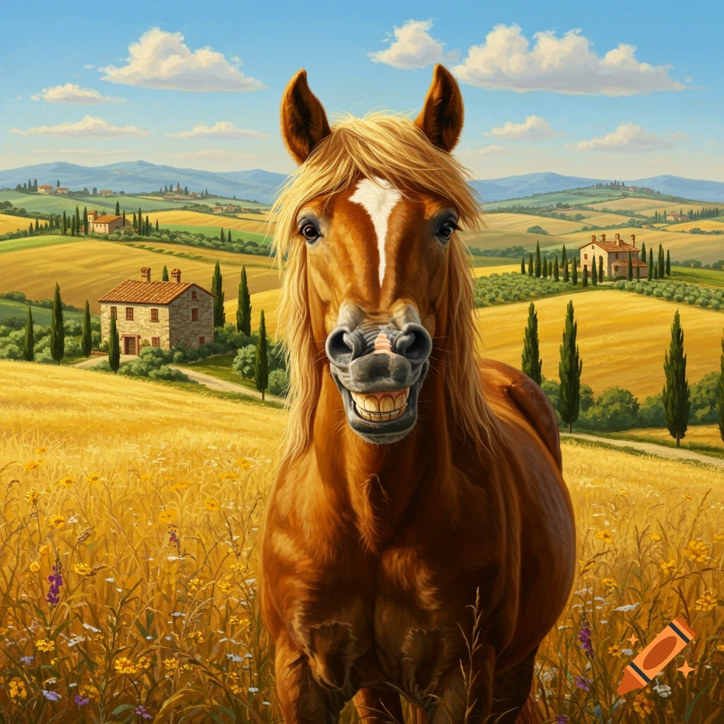 A brown horse with human-like teeth grins at the viewer, standing in a golden field in a sunny Italian countryside with rolling hills and farmhouses.