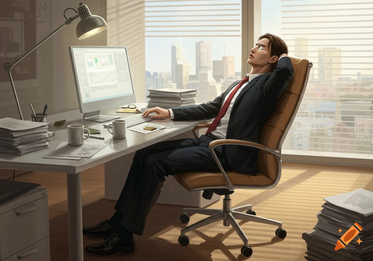 A tired businessperson in a suit leans back in an office chair, looking at a computer screen filled with charts, in a realistic style.