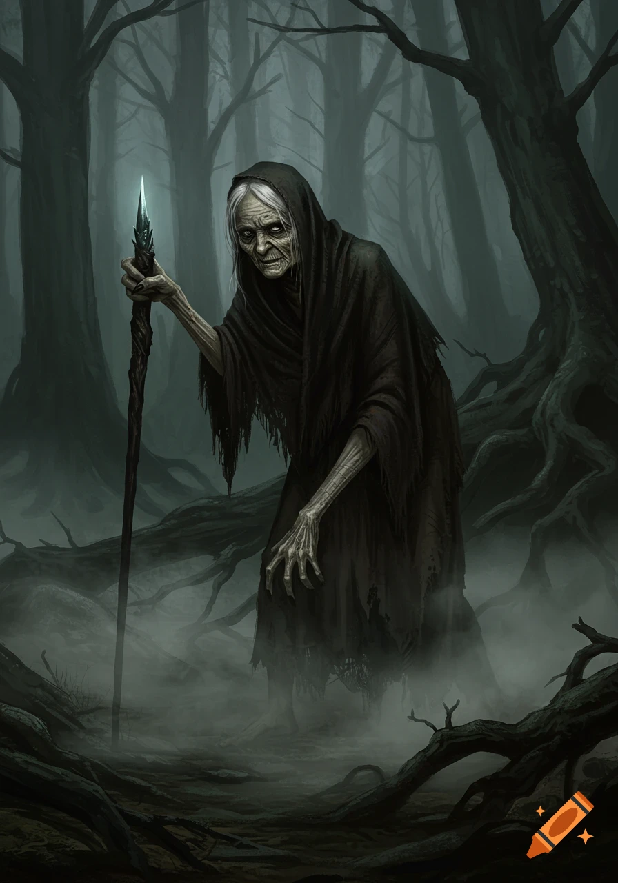 A gaunt, old witch in a dark hooded cloak stands in a misty, gnarled forest, holding a staff with a glowing tip. Dark fantasy art.