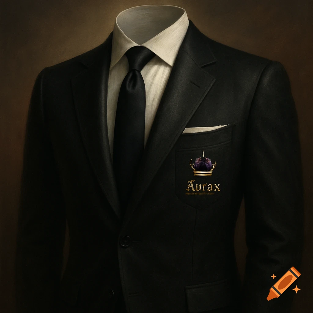 Close-up of a classic black tuxedo, white shirt, and black tie, with a purple crown and 'Aurax' logo on the left pocket.