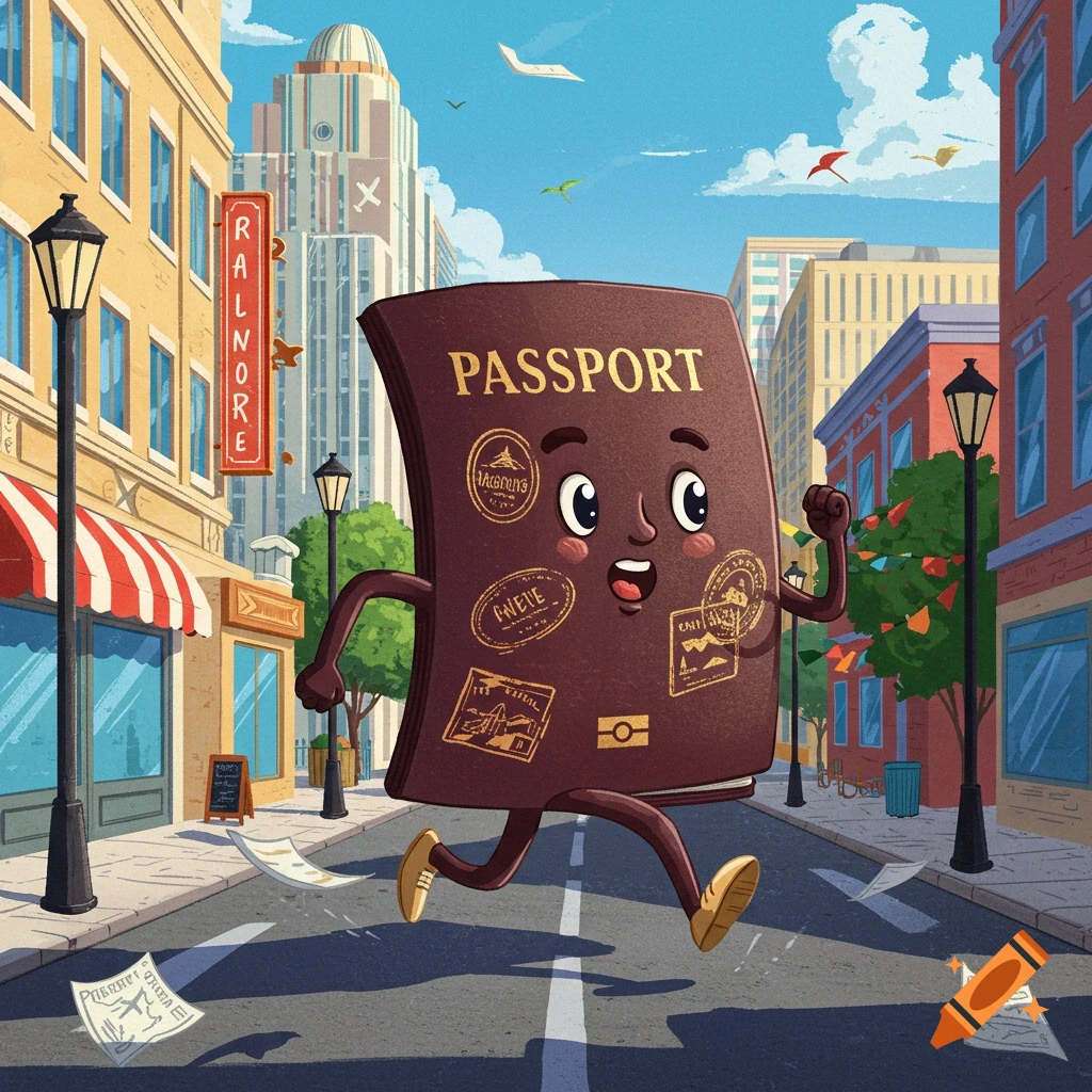A joyful cartoon passport with a face and legs runs down a city street, shedding papers, with buildings and a blue sky in the background.