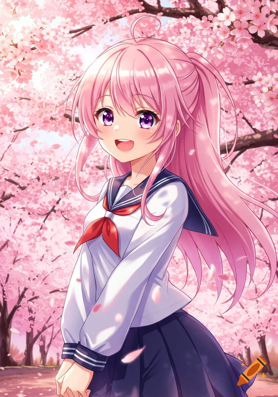 A smiling anime girl with long pink hair and purple eyes, wearing a school uniform, stands among cherry blossoms.