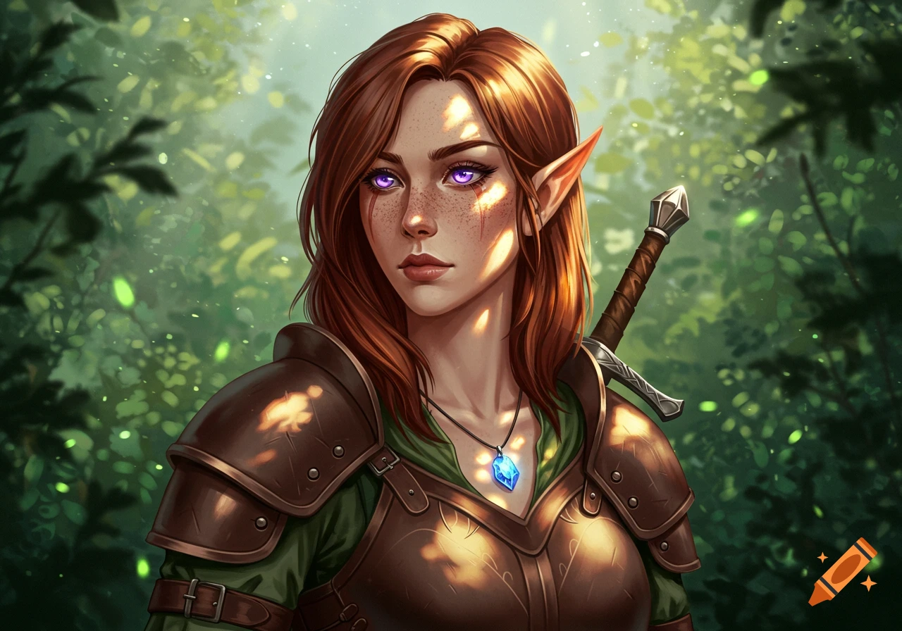 A fantasy elf woman with brown hair, purple eyes, and freckles, wearing leather armor and a blue crystal necklace.