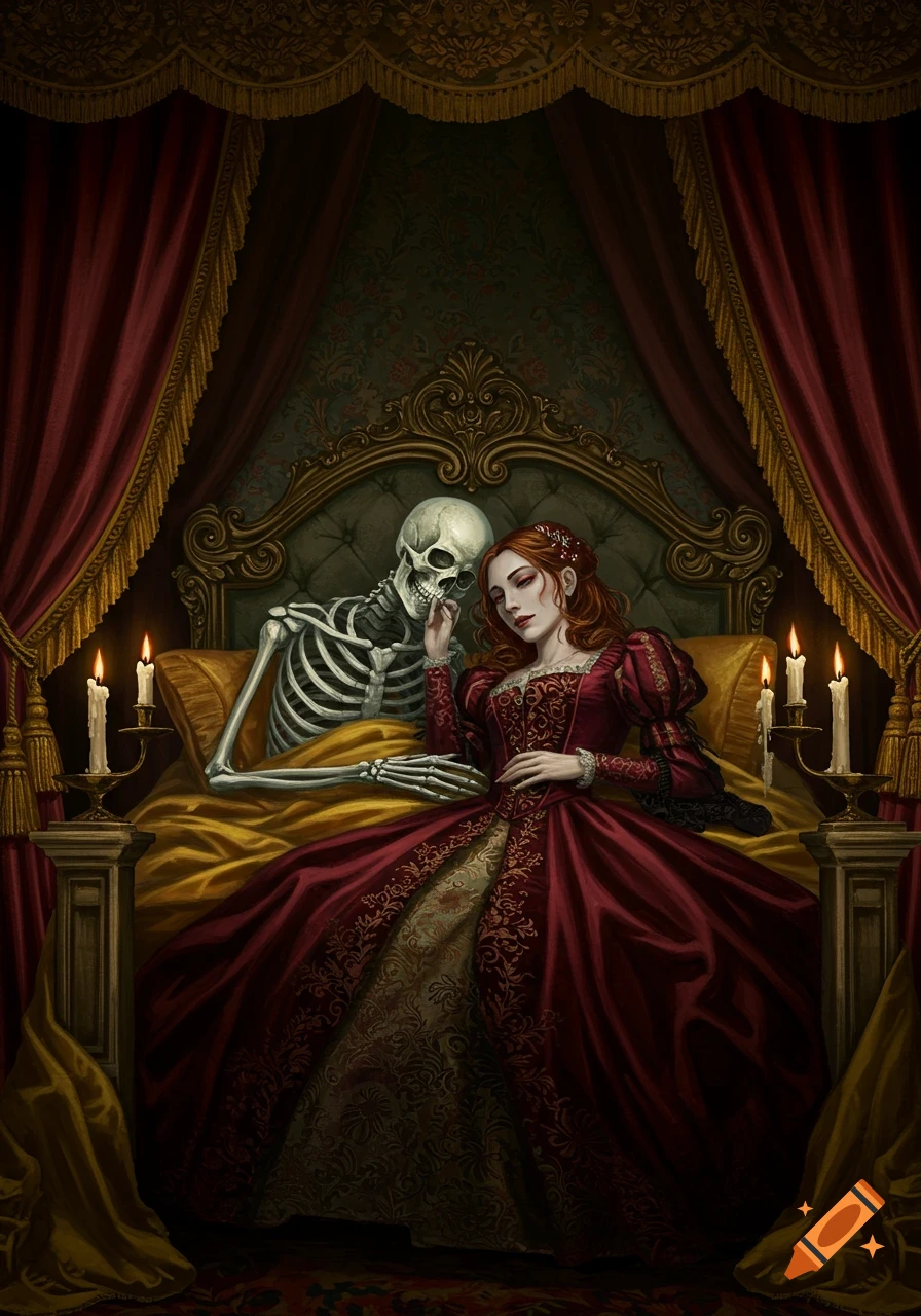 A skeleton and a woman in an elaborate red dress lie together in a grand, ornate bed, lit by candlelight, in a gothic style.