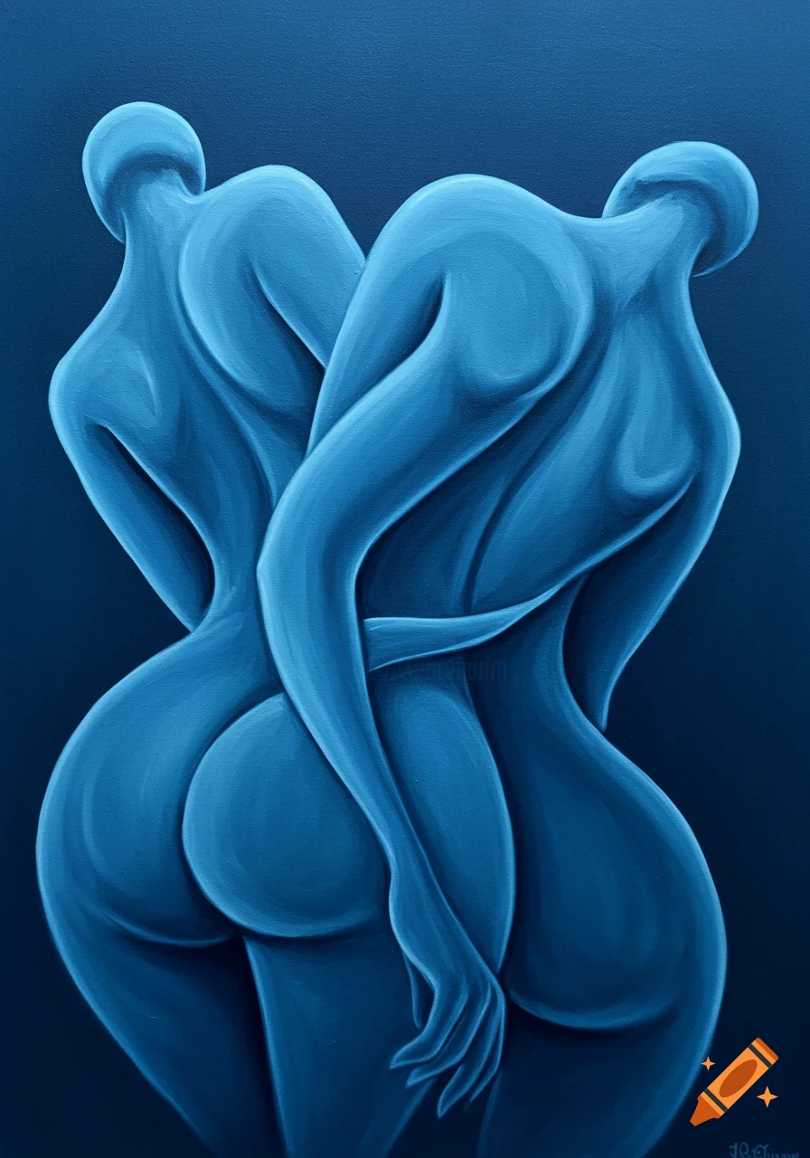 Abstract minimalist painting of two intertwined blue human figures against a dark blue background.