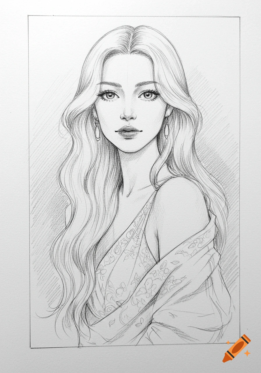 Pencil sketch portrait of a young woman with long wavy hair, wearing a patterned top and earrings.