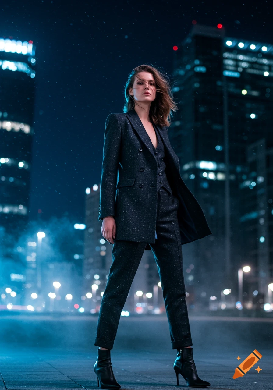 A stylish woman in a dark suit stands confidently on a rainy city street at night, with blurred skyscrapers and lights.