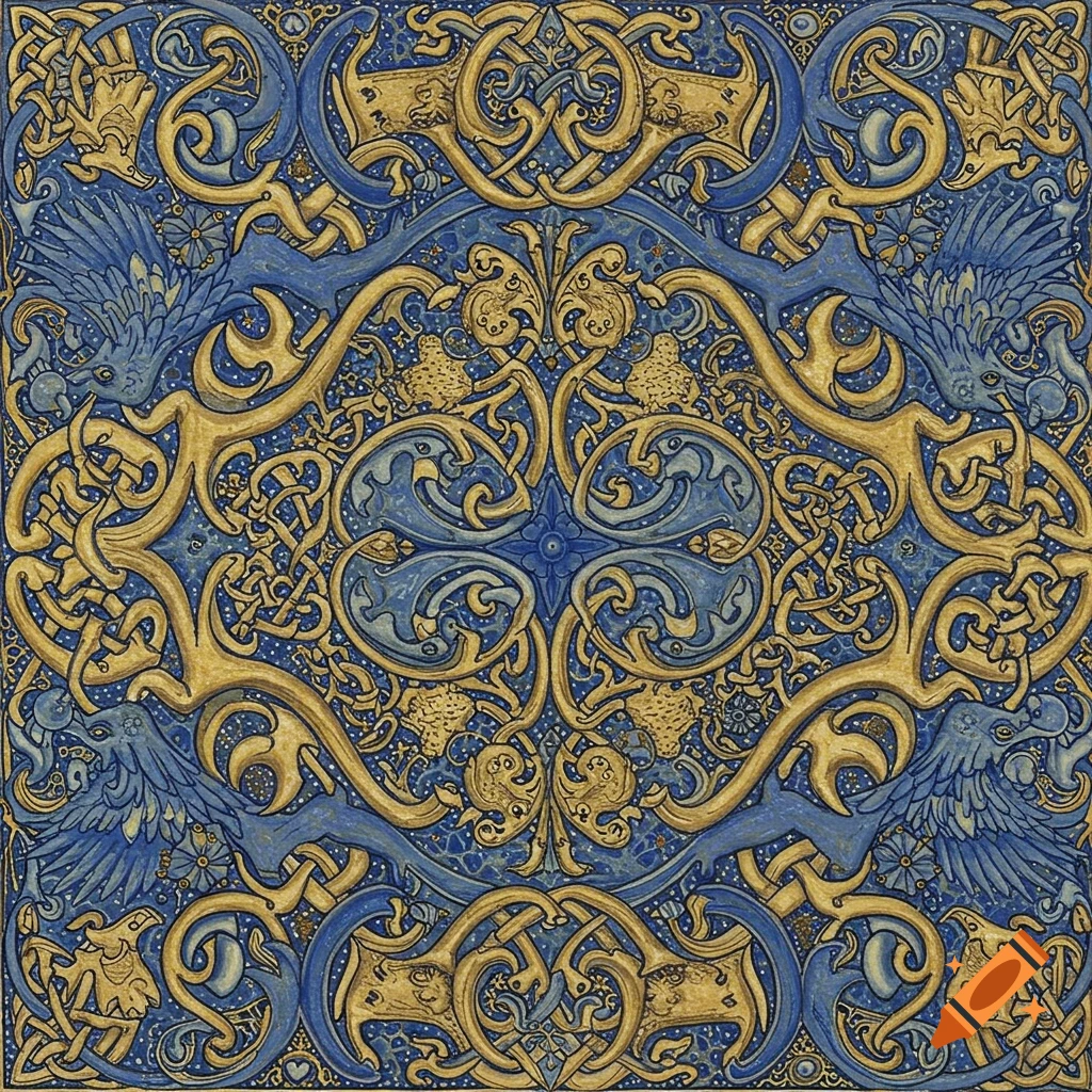 Intricate golden and blue Celtic knotwork with intertwined fantastical creatures in an illuminated manuscript style.