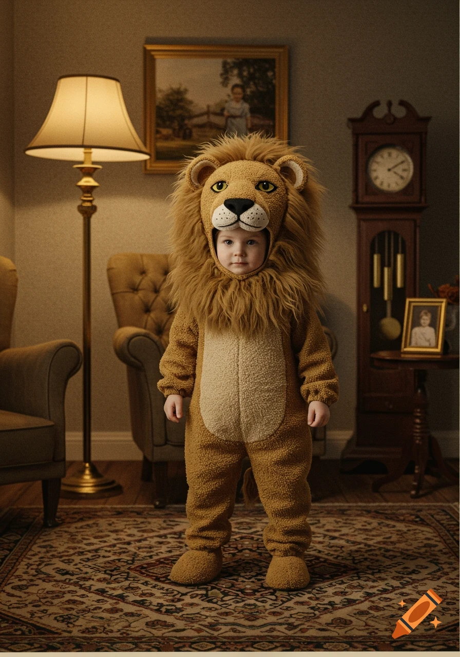A young child in a fluffy lion costume stands in a vintage-style living room with a lamp and grandfather clock.