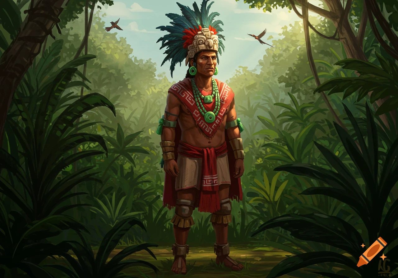 A Mayan man in an ornate feathered headdress and traditional attire stands in a lush jungle with birds flying.