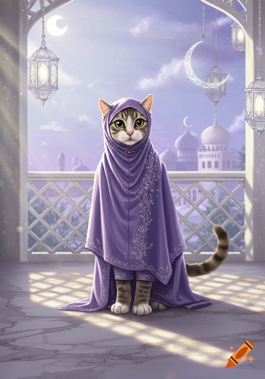 Illustrated cat wearing a purple hijab, standing on a balcony with Islamic architecture and crescent moons in the background.