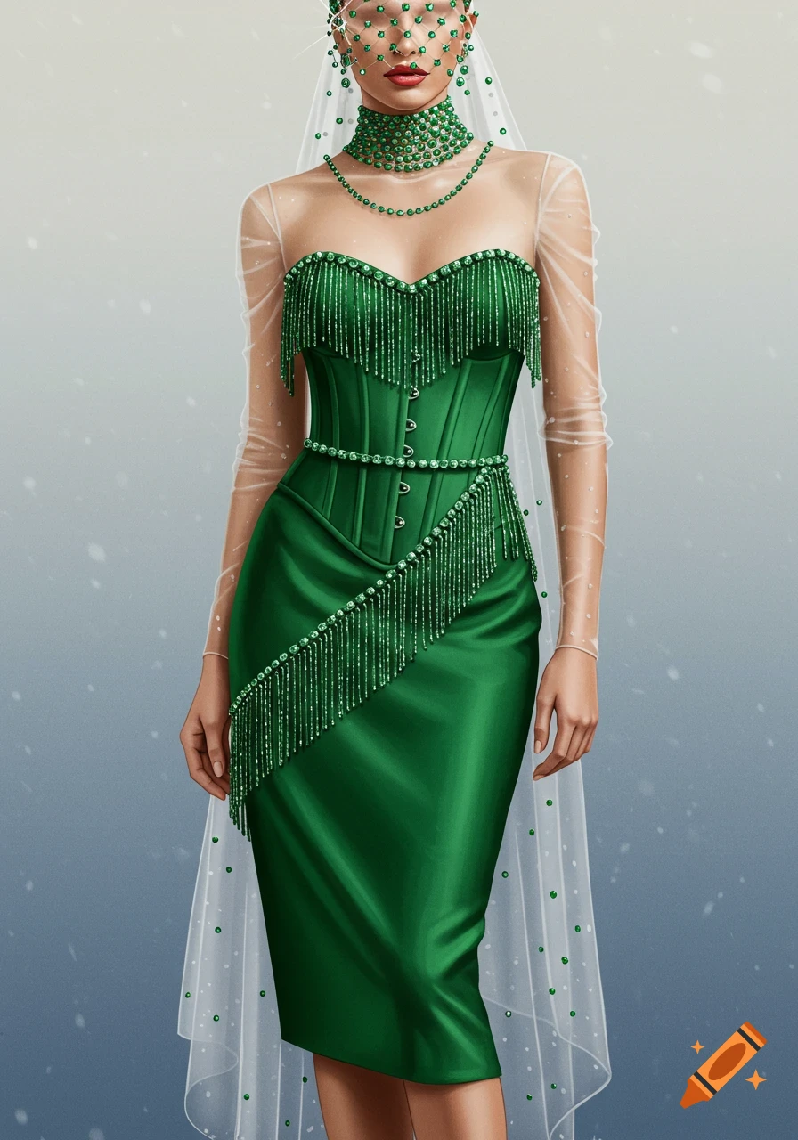 A woman in a vibrant green beaded corset dress with sheer long sleeves, an elaborate green veiled headdress, and matching green jewelry.