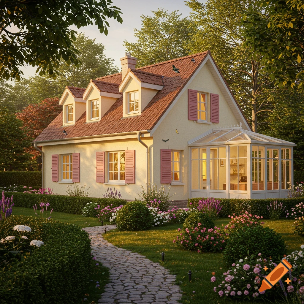 A charming yellow house with a red tiled roof and pink shutters, surrounded by a lush green garden with a winding stone path.